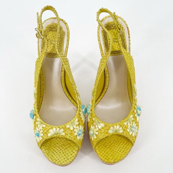 Dior Yellow Python Snakeskin Raffia Embroidered Slingback Platform Heels EU 38 - Picture 5 of 12